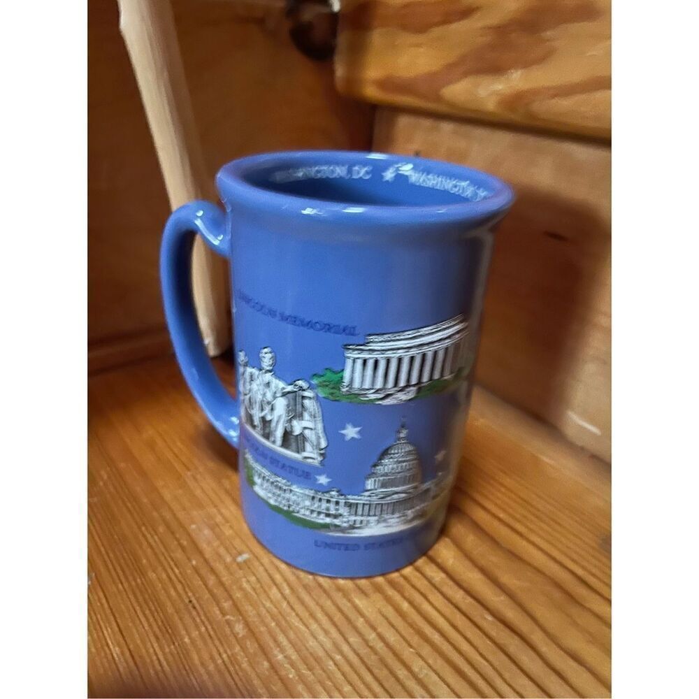 Blue Washington DC Mug Cup White House, Lincoln Statue, Capitol Landmarks 16 Oz